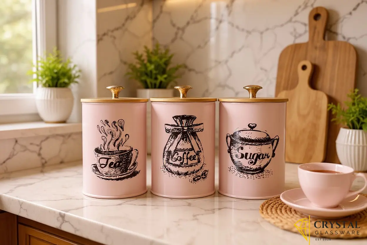  Miaomiaoco 3-piece vintage farmhouse canister set features a pastel pink finish with black labeled graphics 